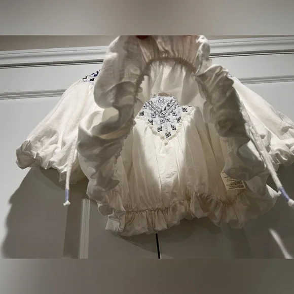 Free People Ivory Blouse with Navy Embroidery - Picture 9 of 11